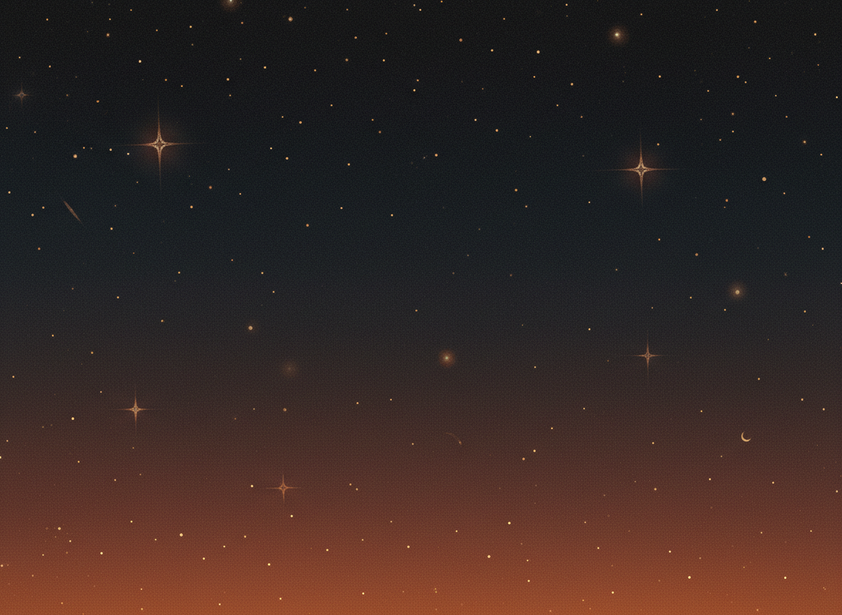 A deep, sophisticated night sky in warm midnight tones with scattered glowing stars and delicate four-pointed star sparkles.