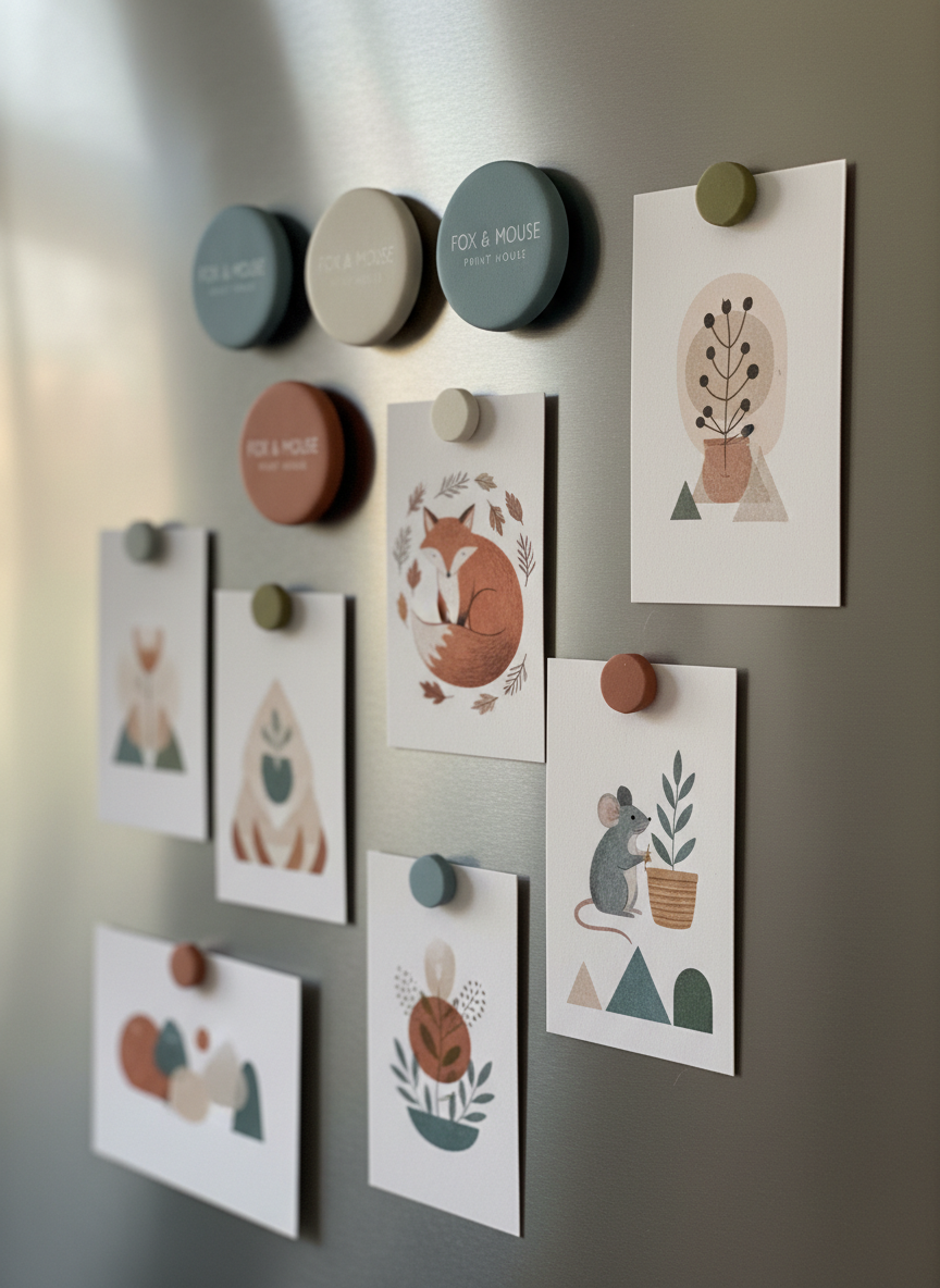 A close-up of a refrigerator door styled with Fox & Mouse Print House magnets and mini prints. Various shapes of magnets—round, hexagonal, and rectangular—secure small art cards featuring whimsical yet refined illustrations of animals, plants, and abstract patterns, all in a cohesive muted color palette. The stainless-steel fridge surface shows soft, natural reflections without revealing any surroundings in detail. Afternoon window light from the left creates a subtle sheen on the metal and a gentle glow on the matte art cards, with a shallow depth of field softly blurring the edges of the door. The photographic, eye-level composition feels warm and lived-in while maintaining a clean, modern sensibility, highlighting how decorative magnets can transform ordinary spaces.