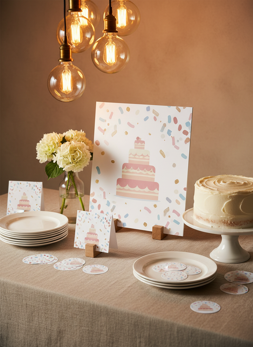 A cozy party buffet setup on a natural linen tablecloth where Fox & Mouse Print House decor ties everything together. A novelty tabletop sign printed on rigid board leans against a simple glass vase, its design featuring abstract confetti shapes and a stylized cake illustration in muted pastels. Nearby, labeled food cards with matching artwork (no readable text) stand in small wooden holders, and a scattering of glossy die-cut stickers rests like confetti around ceramic plates and a cake stand. Warm pendant lighting from above casts soft, flattering light and gentle shadows, creating a celebratory yet sophisticated mood. Shot from a three-quarter angle in photographic realism, the composition leads the eye from the sign to the details, showcasing how printed pieces elevate special occasions.