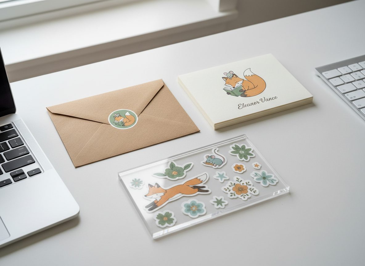 A tidy home office desk scene showcasing custom printed stationery and stickers from Fox & Mouse Print House. On a smooth white desktop sits a kraft envelope sealed with a circular illustrated sticker, a small stack of personalized note cards with elegant, whimsical line art, and a clear acrylic tray holding die-cut stickers in various shapes. A laptop and a slim wireless keyboard are partially visible at the frame’s edge, suggesting a creative workspace. Diffused daylight from a nearby window gives everything a soft, even illumination, with subtle reflections on the acrylic and gentle shadows under the paper. Shot from a slightly elevated angle using the rule of thirds, the photographic image feels calm, refined, and organized, highlighting how printed pieces add charm to everyday routines.