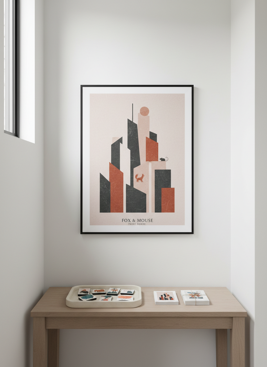 A stylish hallway vignette featuring a tall, narrow wall art print from Fox & Mouse Print House, printed on textured fine art paper and framed in slim black metal. The artwork shows an abstract cityscape with a tiny fox and mouse motif hidden within, executed in a limited palette of charcoal, rust, and pale blush. Below, a minimalist console table holds a ceramic tray where a few glossy illustrated magnets and a small stack of mini prints are casually arranged. Soft overcast daylight filters in from a high side window, producing even, gentle illumination and barely-there shadows. Photographed straight-on with sharp focus throughout, the realistic image feels polished and gallery-like, emphasizing the brand’s more sophisticated, art-forward offerings.