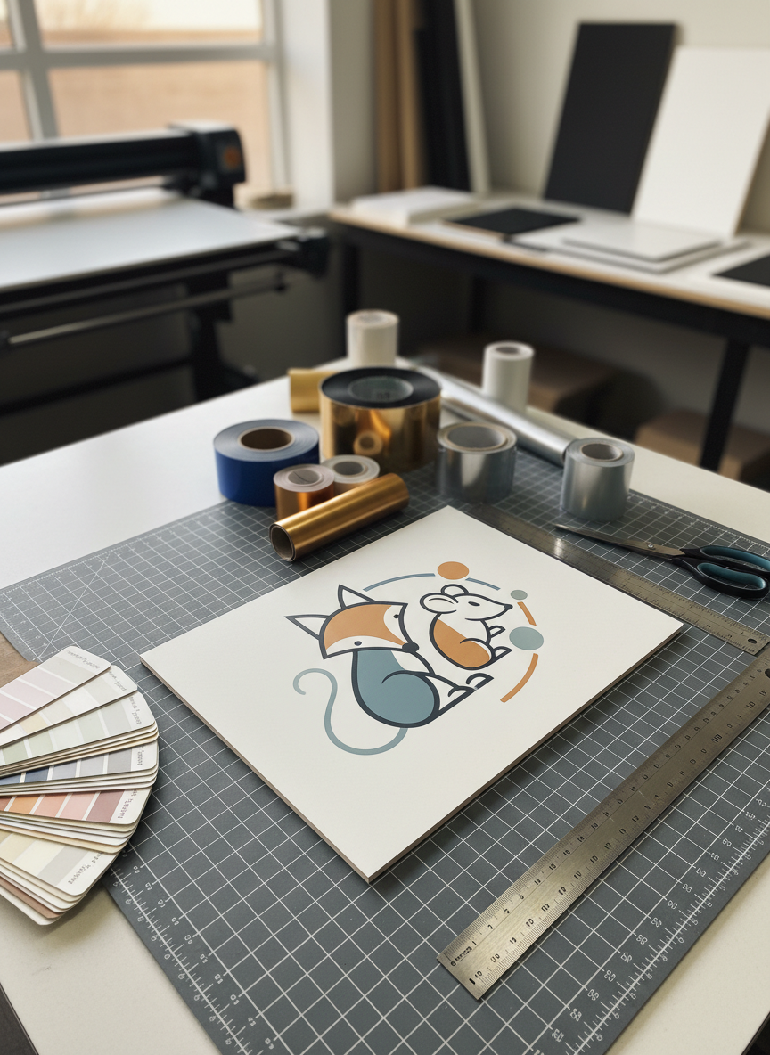 An artisan workbench scene focusing on the creation of a custom novelty sign at Fox & Mouse Print House. A partially completed rectangular sign made of smooth, matte-finished board lies centered on a cutting mat, its surface featuring a sophisticated, minimalist illustration and abstract shapes ready for final trimming. Around it are neatly coiled rolls of vinyl, a metal ruler, color swatch cards, and a pair of precision scissors. In the softly blurred background, a large-format printer and stacked boards hint at small-batch production. Side lighting from a nearby window creates gentle contrast, emphasizing edges and textures without harsh shadows. Captured from a slightly oblique overhead angle in photographic realism, the image conveys meticulous craftsmanship, customization, and the magic of turning ideas into tangible decor.