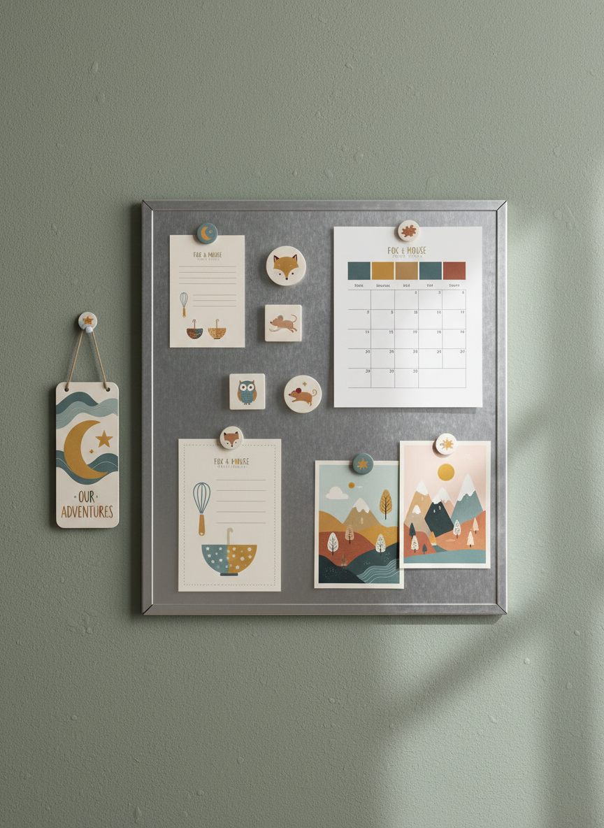 A magnetic message board on a muted sage-green wall, styled as a family command center featuring Fox & Mouse Print House products. Small square and round magnets with whimsical, minimalist icons pin up recipe cards, a calendar page, and photo-sized art prints without showing actual text or faces. A slim novelty sign with a playful icon and abstract shapes hangs just beside the board, coordinating in color with the magnets. Soft, indirect daylight from the right gently illuminates the metal surface, creating delicate reflections and shadow play around each magnet. Captured at eye level with moderate depth of field, the photographic scene feels organized yet magical, subtly demonstrating how decorative magnets and signs bring charm and function to everyday life.