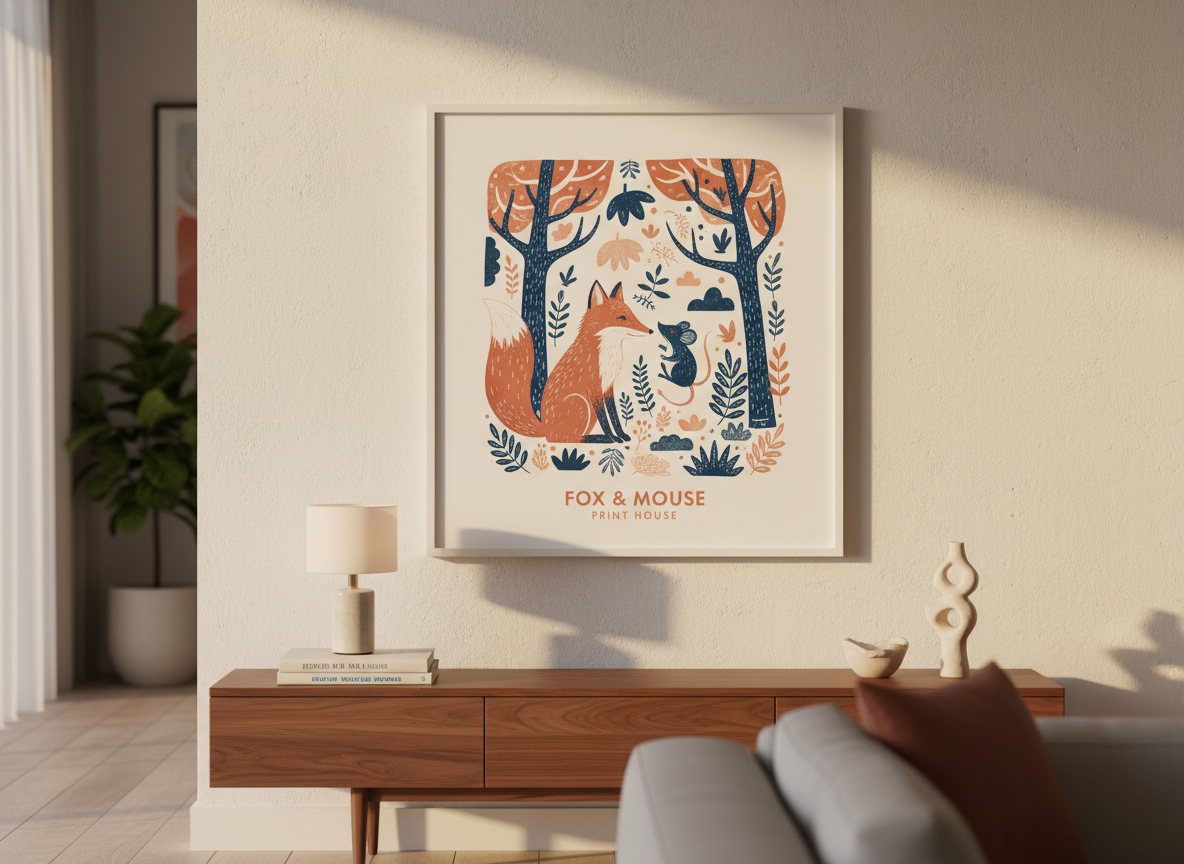 A close-up, eye-level shot of a modern living room corner where a large framed wall art print from Fox & Mouse Print House hangs above a sleek walnut console. The artwork features a whimsical yet refined illustration of a fox and mouse in a stylized forest, rendered in muted terracotta, ink blue, and soft cream tones. On the console, a few neatly stacked art books, a small minimalist table lamp, and a subtle ceramic sculpture echo the colors in the print. Late afternoon golden light streams in from an unseen window, casting elongated shadows and a warm glow. The depth of field is shallow, with the artwork in crisp focus and the surroundings softly blurred, creating a serene, sophisticated lifestyle scene in photographic realism.