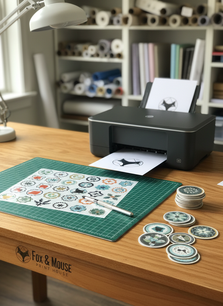 A behind-the-scenes studio table at Fox & Mouse Print House, covered with neatly arranged tools of the trade. A large cutting mat holds a half-trimmed sheet of colorful sticker designs, a precision cutting knife rests nearby, and a stack of freshly cut magnets with playful yet sophisticated graphics is off to one side. Beside them, a sleek desktop printer with a partially ejected sheet hints at ongoing production. The tabletop is a warm, lightly grained wood, and the background fades into soft blur, suggesting shelves stocked with paper and supplies. Overhead daylight mixed with a subtle task lamp creates balanced, natural lighting, highlighting paper textures and the satin sheen of the magnets. The photographic realism and slightly elevated composition convey craftsmanship, care, and creative process.