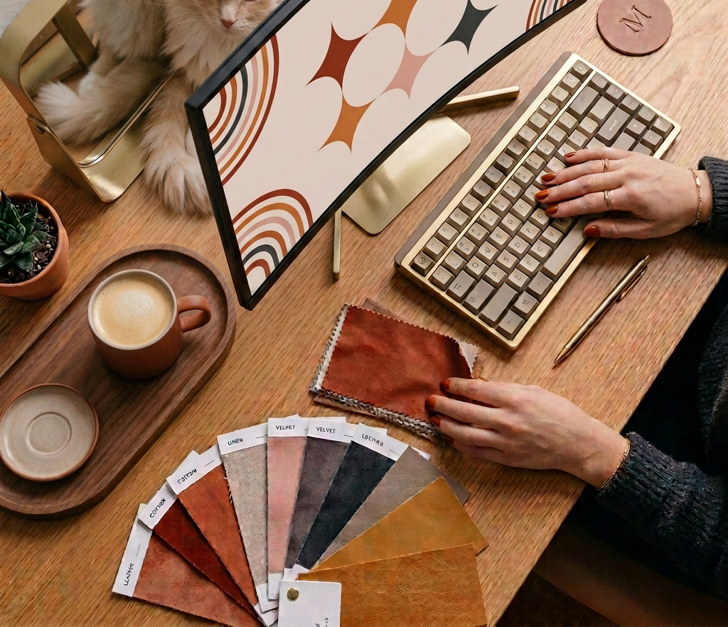 Person writing creative workflow notes with fabric swatches and coffee cup on table